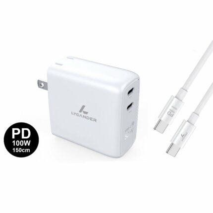 Lycander 二孔 GaN 氮化鎵 50W PD/QC 快速充電器 + 100W Type-C to USB-C 充電線, 白