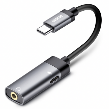 ESR Type-C to 3.5mm 耳機孔 + USB-C 2in1 PD充電轉接線, 灰