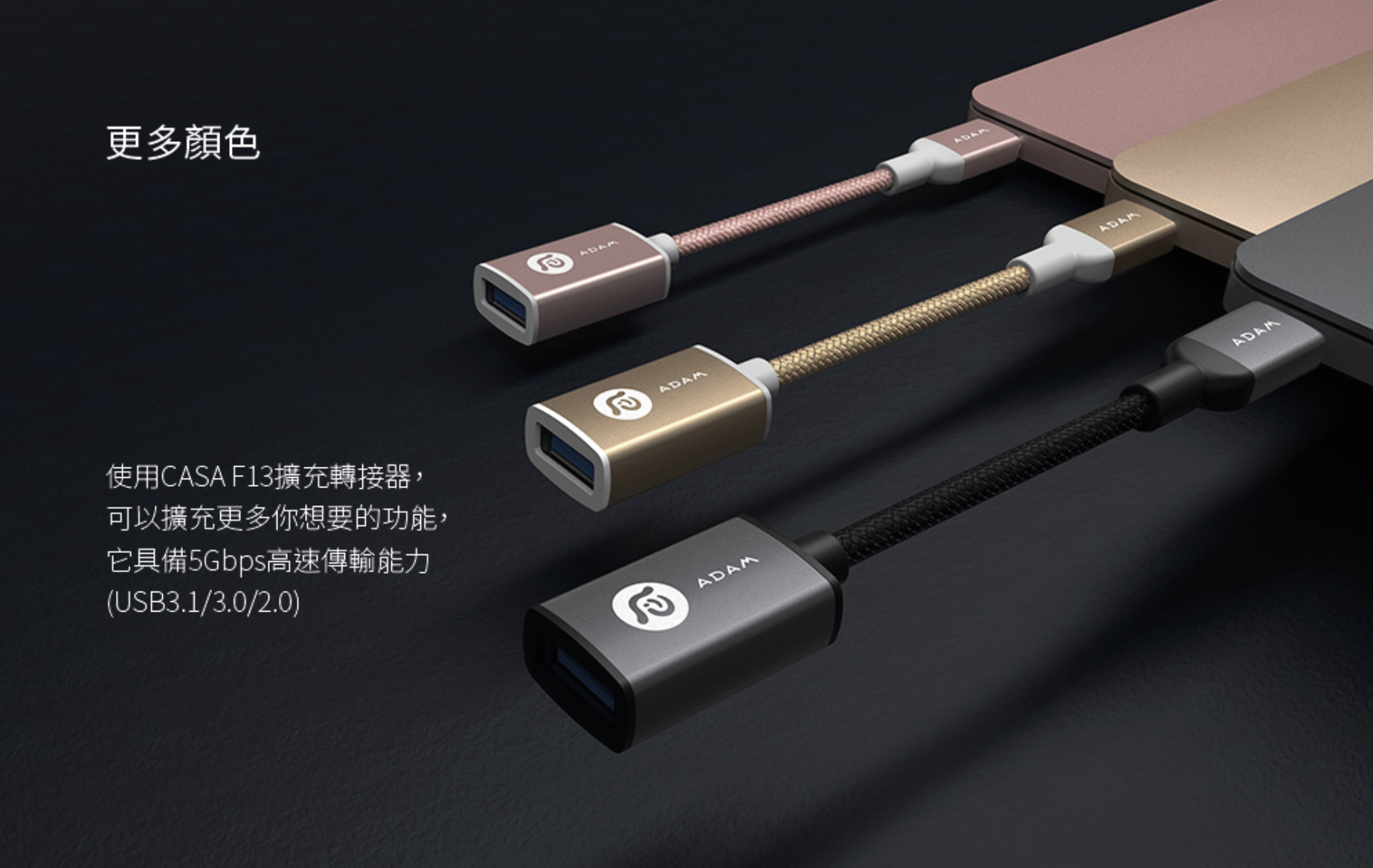 ADAM 亞果元素 HUB F13 支援 USB-C 對USB母座轉接器, 太空灰