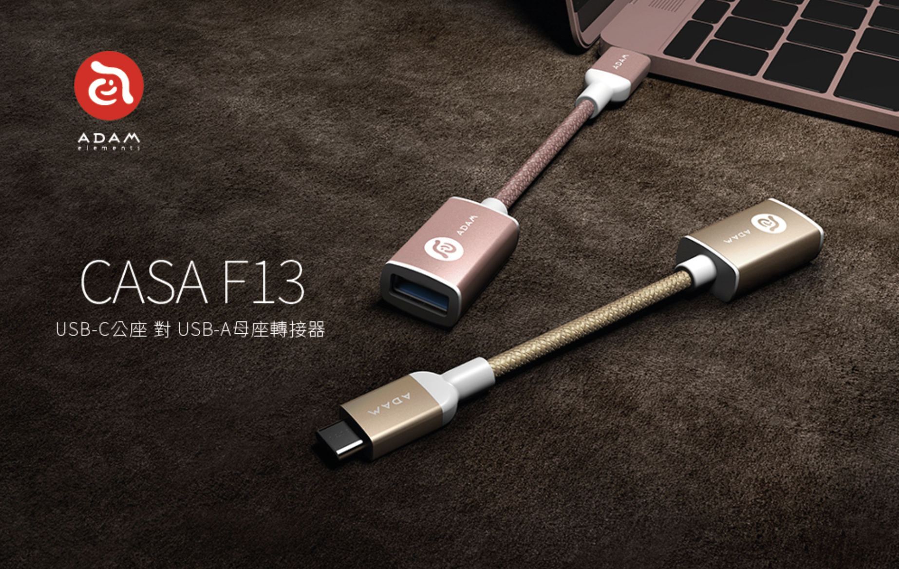 ADAM 亞果元素 HUB F13 支援 USB-C 對USB母座轉接器, 太空灰
