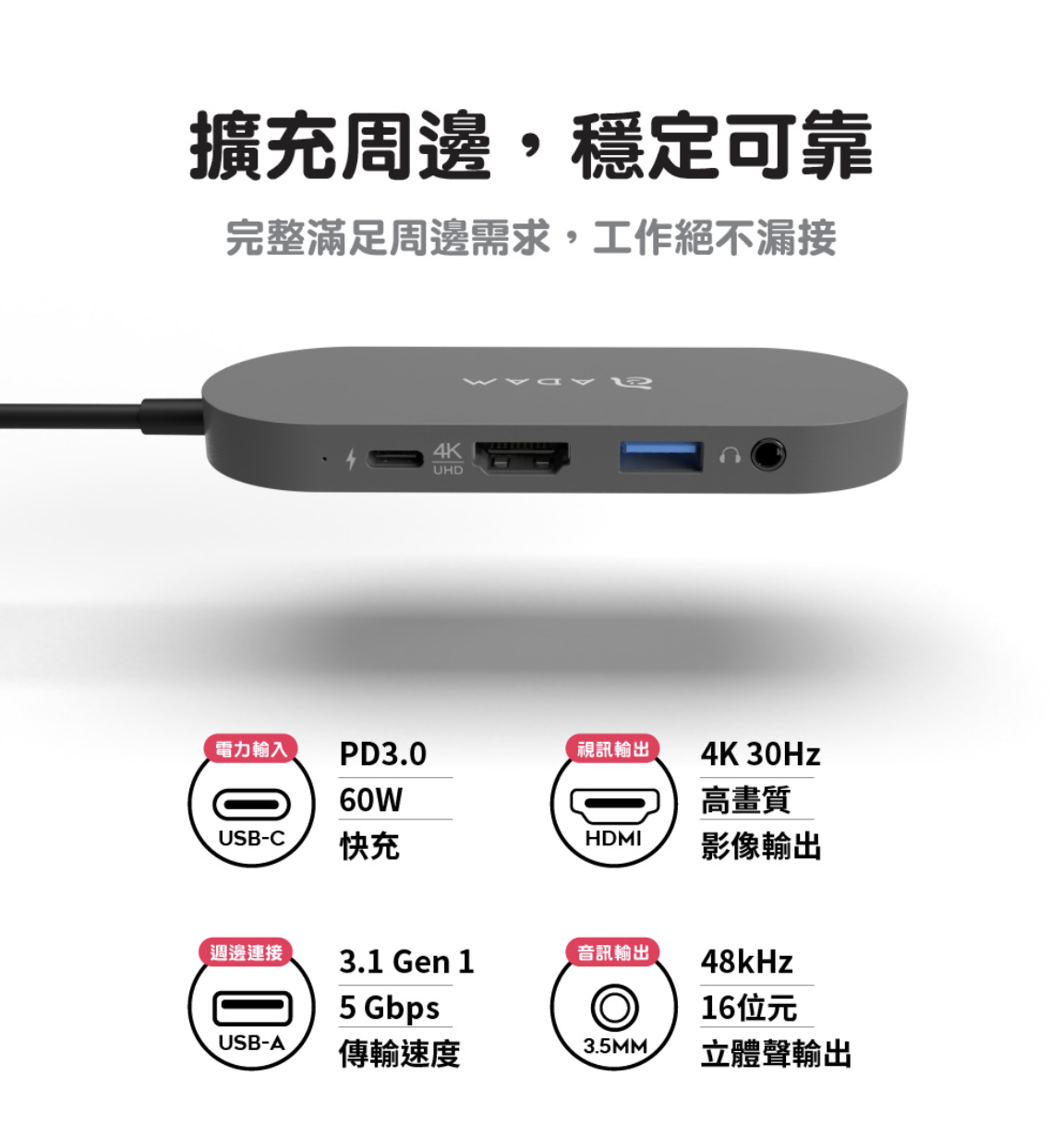 ADAM 亞果元素 HUB S 支援 USB-C 五合一 240GB 外接 SSD 固態硬碟集線器, 太空灰