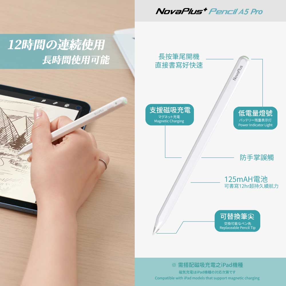 NovaPlus Pencil A5 Pro 2018 ~ 2022 年間可磁吸充電的 iPad 主動式觸控筆, 白