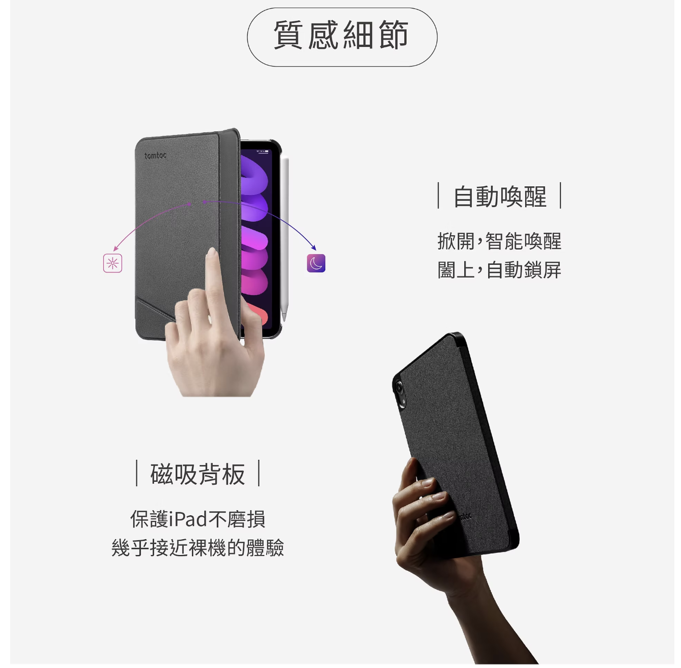 tomtoc 磁吸可拆式 iPad mini 8.3 吋 (第 6 代,2021) 聰穎雙面夾保護套, 黑