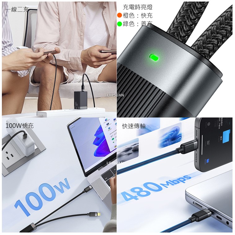 Mcdodo 一分二 100W LED 勁速 USB-C 快充傳輸充電線 - 1.5m, 黑
