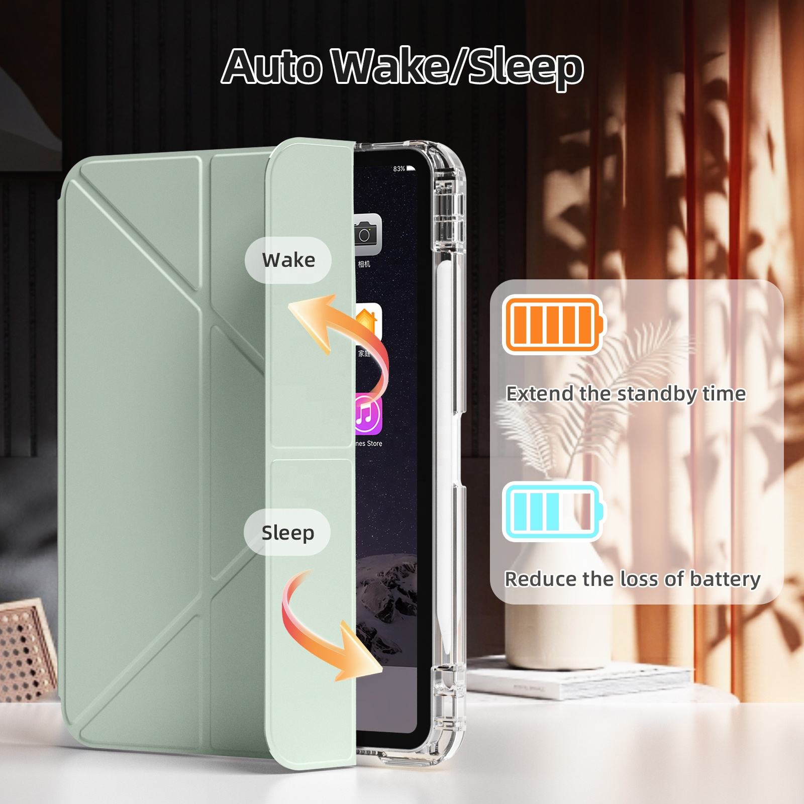 MLTIX MZH 可拆卸插槽式 iPad Air 13 吋 (第 2 代，2025，M3) 多角度含筆槽透明被蓋保護殼, 淺綠色
