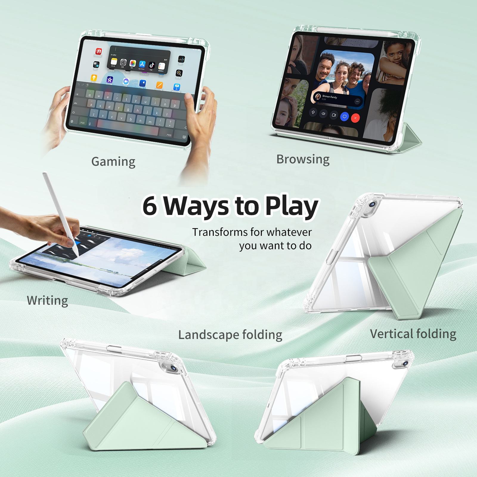 MLTIX MZH 可拆卸插槽式 iPad Air 13 吋 (第 2 代，2025，M3) 多角度含筆槽透明被蓋保護殼, 淺綠色