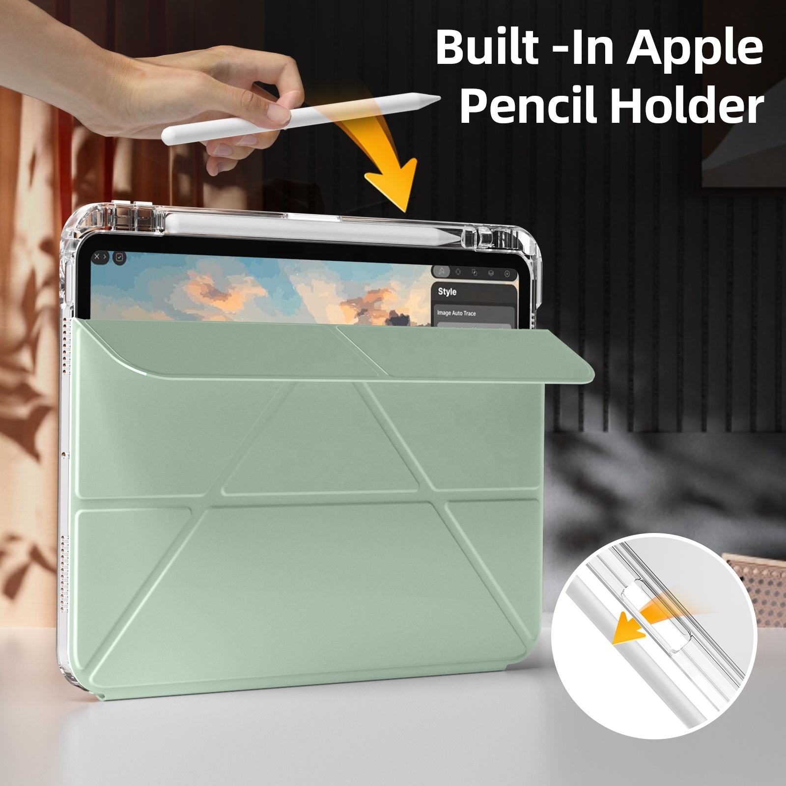 MLTIX MZH 可拆卸插槽式 iPad Air 13 吋 (第 2 代，2025，M3) 多角度含筆槽透明被蓋保護殼, 淺綠色