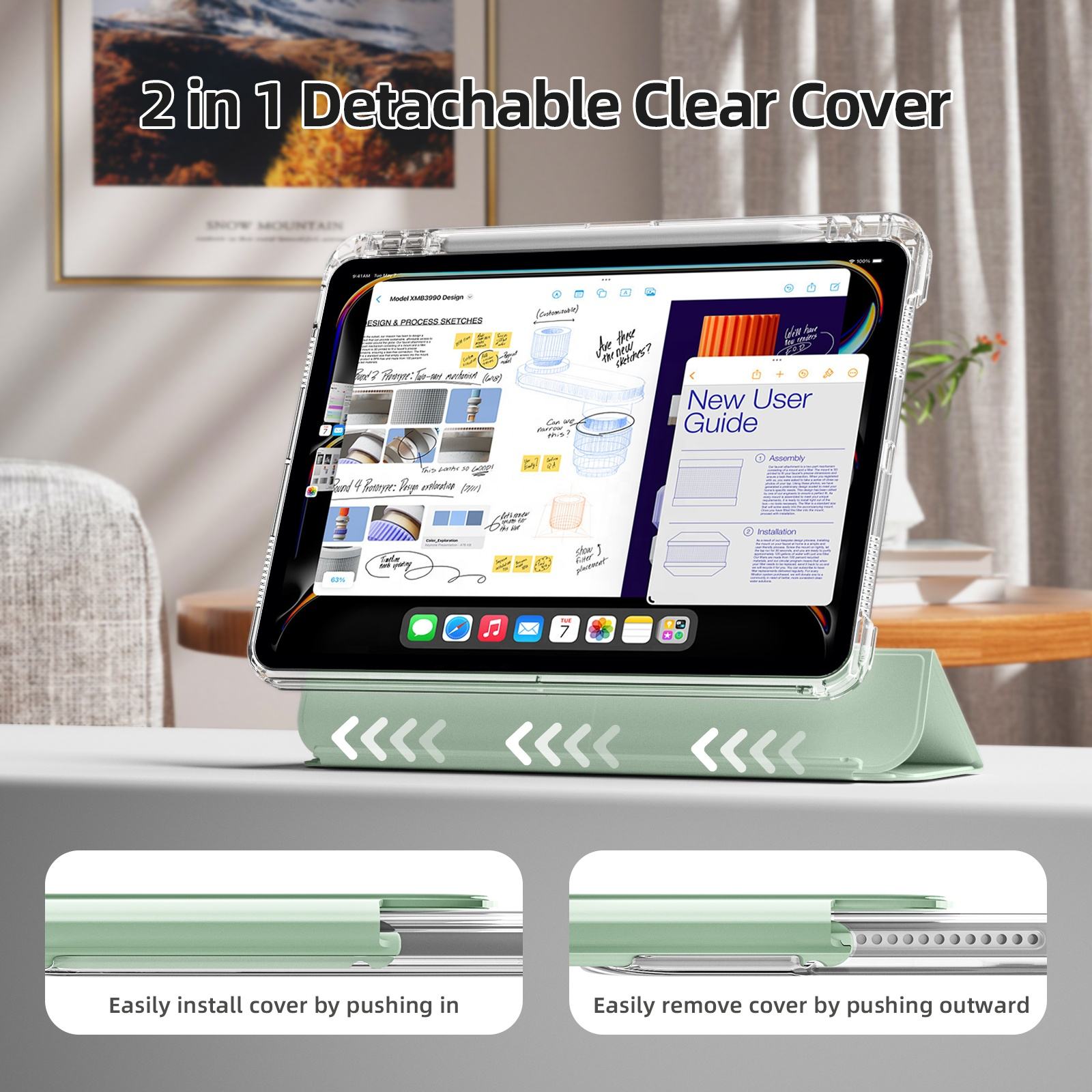 MLTIX MZH 可拆卸插槽式 iPad Air 13 吋 (第 2 代，2025，M3) 多角度含筆槽透明被蓋保護殼, 淺綠色