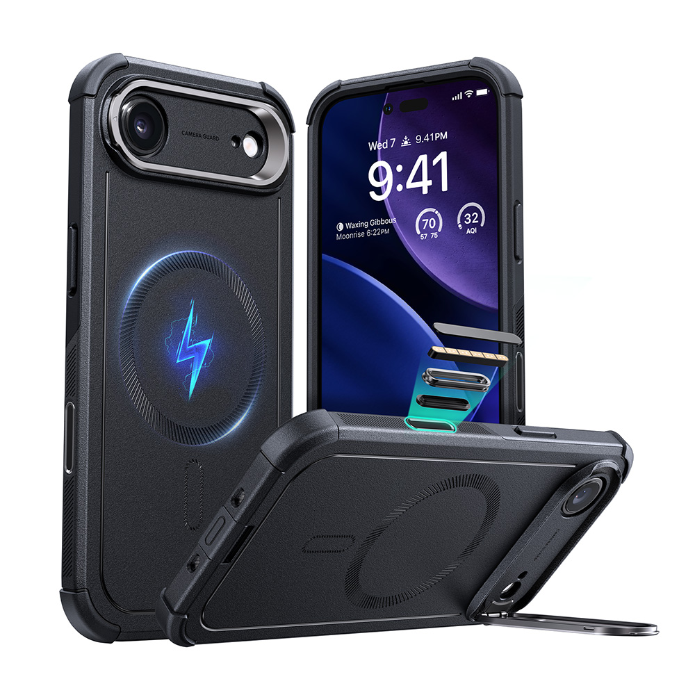 17Air黑3 ESR 億色 磁吸鐵甲系列 iPhone 17 Air (6.5 吋,2025) 鏡頭支架手機保護殼 ( 按鍵款 ), 黑:圖片 1