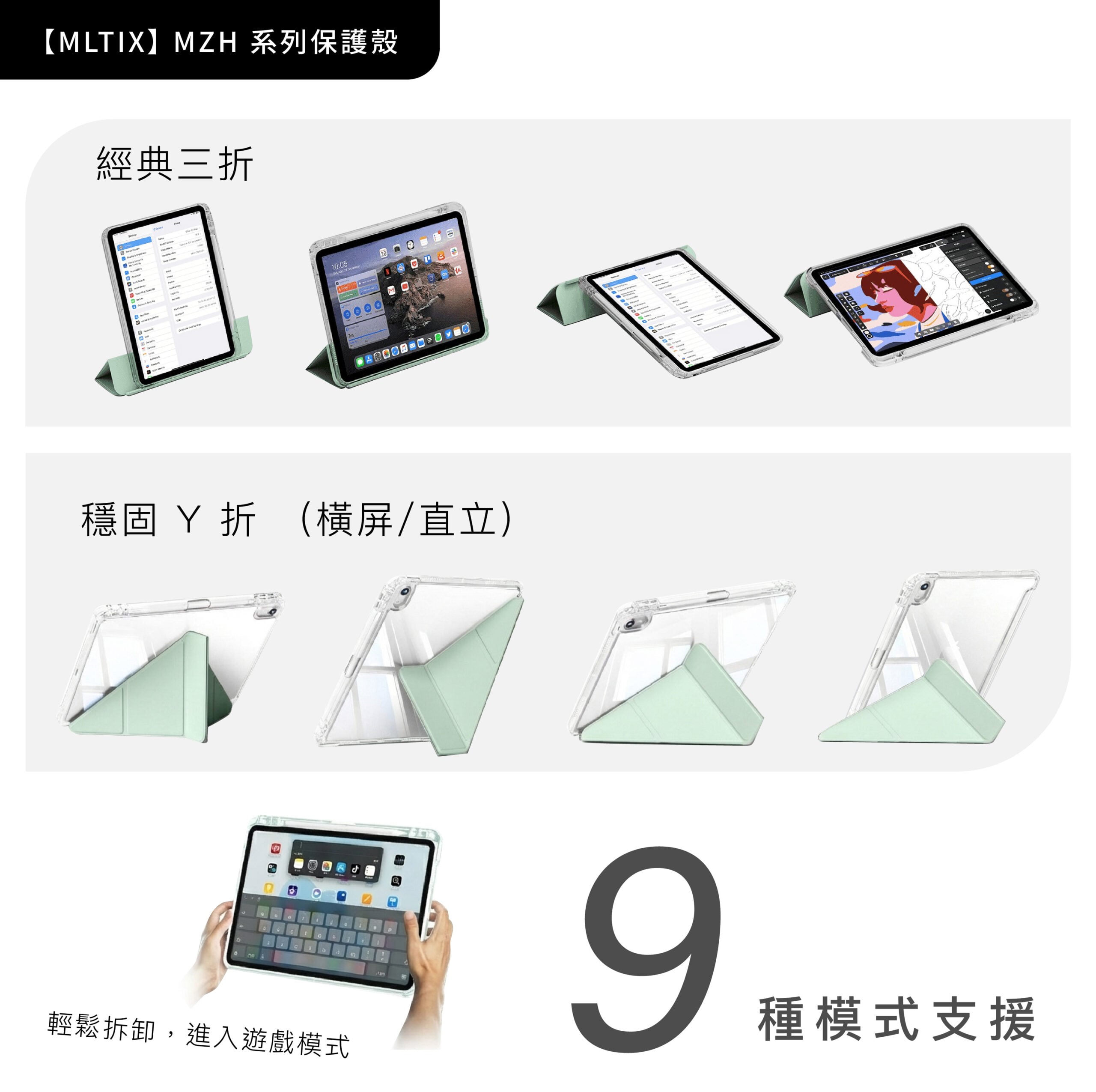 MLTIX MZH 可拆卸滑軌 iPad Pro 12.9 吋 (第 3 代,2018) 多角度含筆槽透明背蓋保護殼, 黑