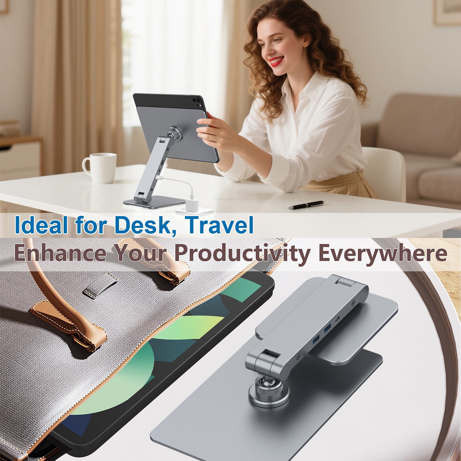 MLTIX 360º旋轉 多工 Hub iPad Pro 11 吋 (第 4 代,2022,M2) 磁吸式桌面站立支架, 太空灰