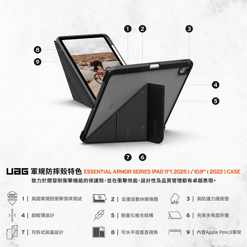 UAG 耐衝擊多角度 V2 iPad 11 吋 (第 11 代,2025,A16) 軍規防摔保護殼, 黑