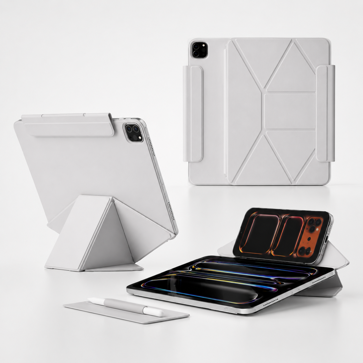 極簡風格的平板配件展示 MLTIX MS3 磁吸式梯形 iPad Pro 13 吋 (第 8 代,2025,M5) 多折法雙面夾保護殼, 白:圖片 1